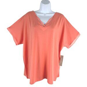 Chico's Knit Top Size 3 Coral Chiffon Trim Short Sleeve V-Neck NWT TP-3719